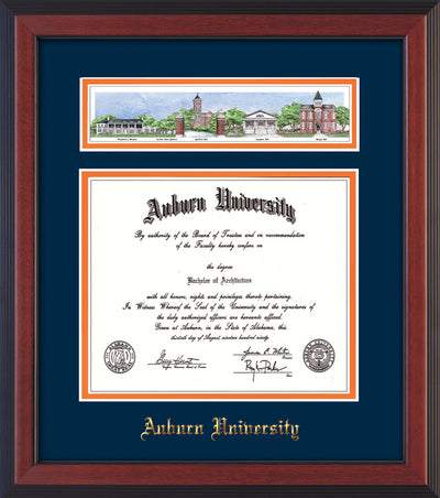 Image of Auburn University Diploma Frame - Cherry Reverse - w/Embossed School Name Only - Campus Collage - Navy on Orange mat