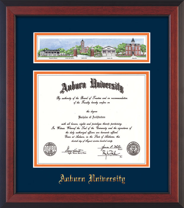 Image of Auburn University Diploma Frame - Cherry Reverse - w/Embossed School Name Only - Campus Collage - Navy on Orange mat