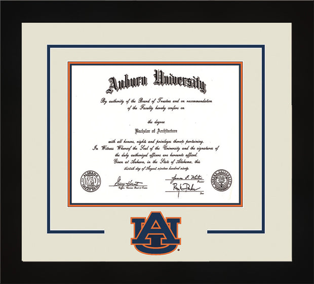 Image of Auburn University Diploma Frame - Flat Matte Black - w/Laser AU Logo Cutout - Cream on Navy on Orange mat