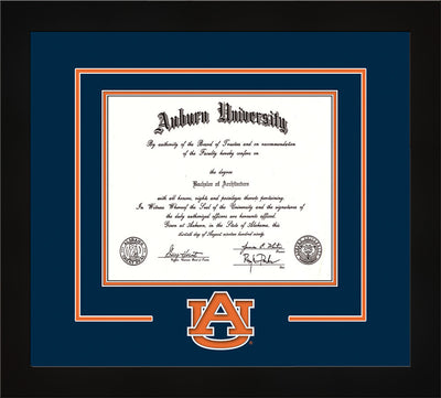 Image of Auburn University Diploma Frame - Flat Matte Black - w/Laser AU Logo Cutout - Navy on Orange mat