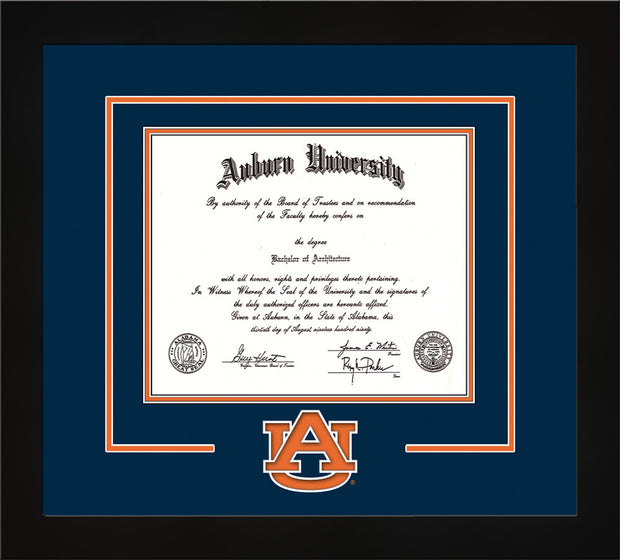 Image of Auburn University Diploma Frame - Flat Matte Black - w/Laser AU Logo Cutout - Navy on Orange mat