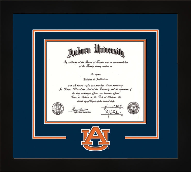 Image of Auburn University Diploma Frame - Flat Matte Black - w/Laser AU Logo Cutout - Navy on Orange mat