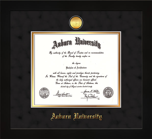 Image of Auburn University Diploma Frame - Flat Matte Black - w/24k Gold-plated Medallion - Black Suede on Gold mat