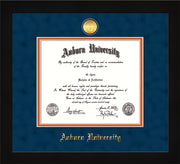 Image of Auburn University Diploma Frame - Flat Matte Black - w/24k Gold-plated Medallion - Navy Suede on Orange mat