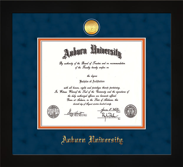 Image of Auburn University Diploma Frame - Flat Matte Black - w/24k Gold-plated Medallion - Navy Suede on Orange mat