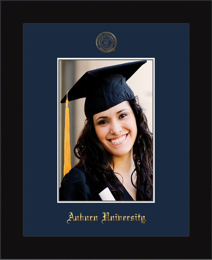 Image of Auburn University 5 x 7 Photo Frame - Flat Matte Black - w/Official Embossing of AU Seal & Name - Single Navy mat