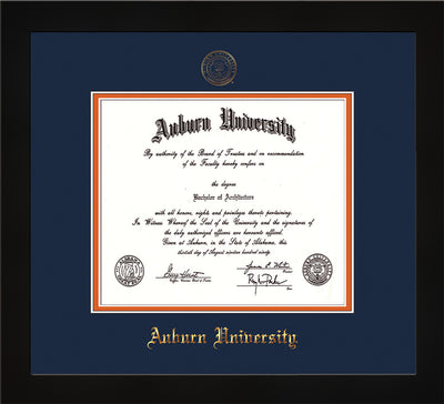 Image of Auburn University Diploma Frame - Flat Matte Black - w/Embossed Seal & Name - Navy on Orange mat