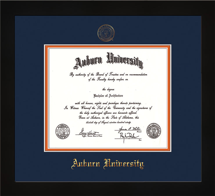Image of Auburn University Diploma Frame - Flat Matte Black - w/Embossed Seal & Name - Navy on Orange mat