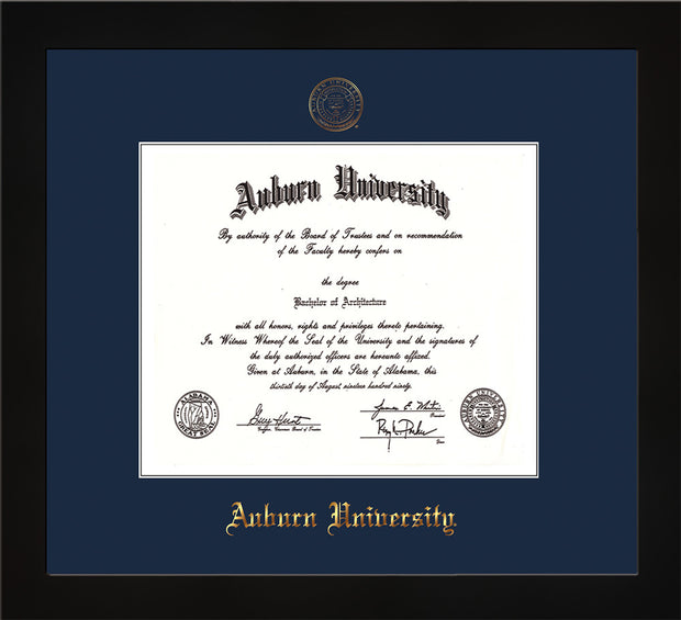 Image of Auburn University Diploma Frame - Flat Matte Black - w/Embossed Seal & Name - Single Navy Mat