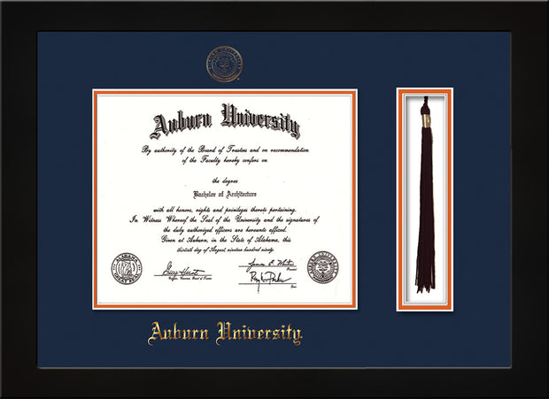 Image of Auburn University Diploma Frame - Flat Matte Black - w/Embossed Seal & Name - Tassel Holder - Navy on Orange mat