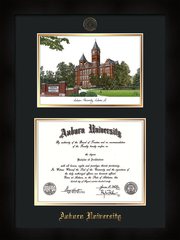 Image of Auburn University Diploma Frame - Flat Matte Black - w/Embossed Seal & Name - Campus Watercolor - Black on Gold mat