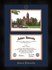 Image of Auburn University Diploma Frame - Flat Matte Black - w/Embossed Seal & Name - Campus Watercolor - Navy on Orange mat