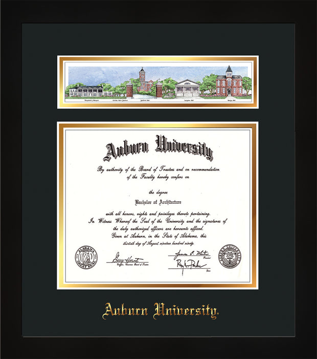 Image of Auburn University Diploma Frame - Flat Matte Black - w/Embossed School Name Only - Campus Collage - Black on Gold mat