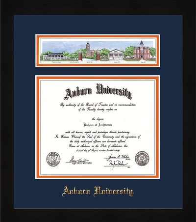 Image of Auburn University Diploma Frame - Flat Matte Black - w/Embossed School Name Only - Campus Collage - Navy on Orange mat
