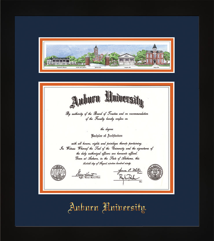 Image of Auburn University Diploma Frame - Flat Matte Black - w/Embossed School Name Only - Campus Collage - Navy on Orange mat