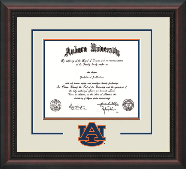 Image of Auburn University Diploma Frame - Mahogany Braid - w/Laser AU Logo Cutout - Cream on Navy on Orange mat