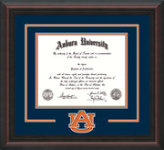 Image of Auburn University Diploma Frame - Mahogany Braid - w/Laser AU Logo Cutout - Navy on Orange mat