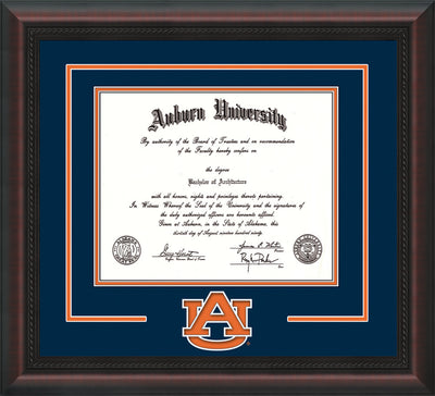 Image of Auburn University Diploma Frame - Mahogany Braid - w/Laser AU Logo Cutout - Navy on Orange mat