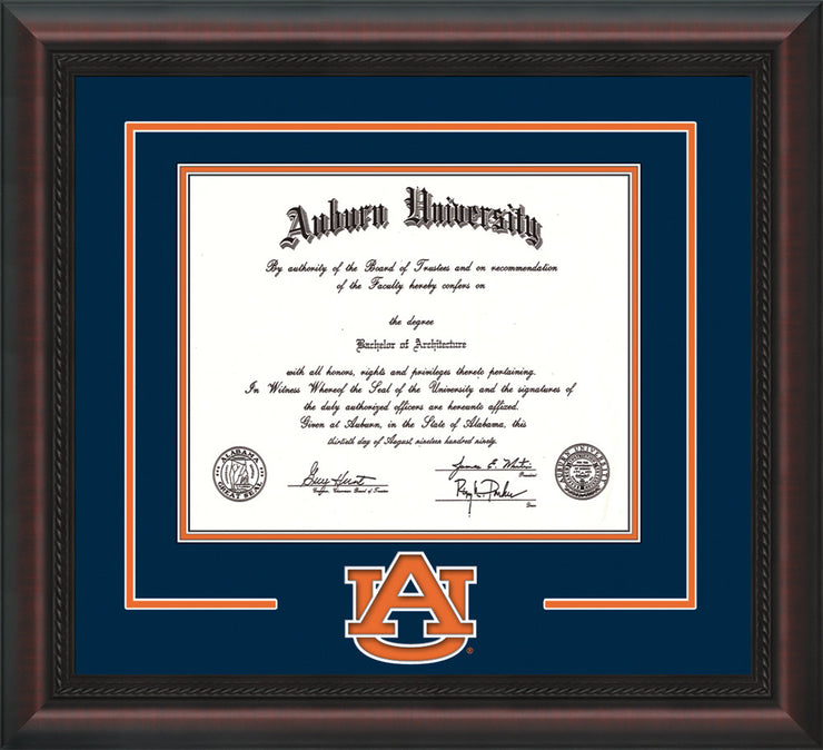 Image of Auburn University Diploma Frame - Mahogany Braid - w/Laser AU Logo Cutout - Navy on Orange mat