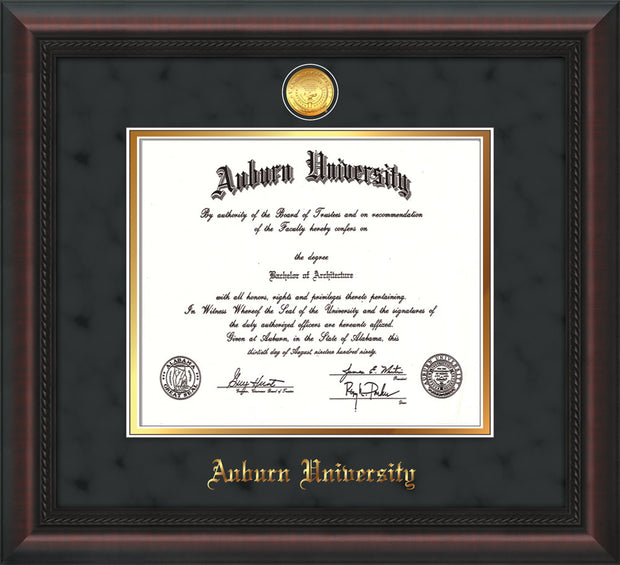 Image of Auburn University Diploma Frame - Mahogany Braid - w/24k Gold-plated Medallion - Black Suede on Gold mat