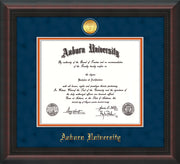 Image of Auburn University Diploma Frame - Mahogany Braid- w/24k Gold-plated Medallion - Navy Suede on Orange mat