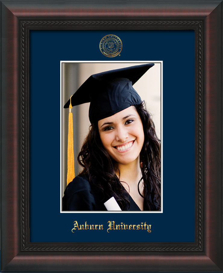 Image of Auburn University 5 x 7 Photo Frame  - Mahogany Braid - w/Official Embossing of AU Seal & Name - Single Navy mat