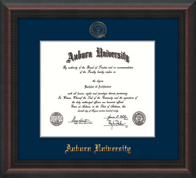 Image of Auburn University Diploma Frame - Mahogany Braid - w/Embossed Seal & Name - Single Navy Mat