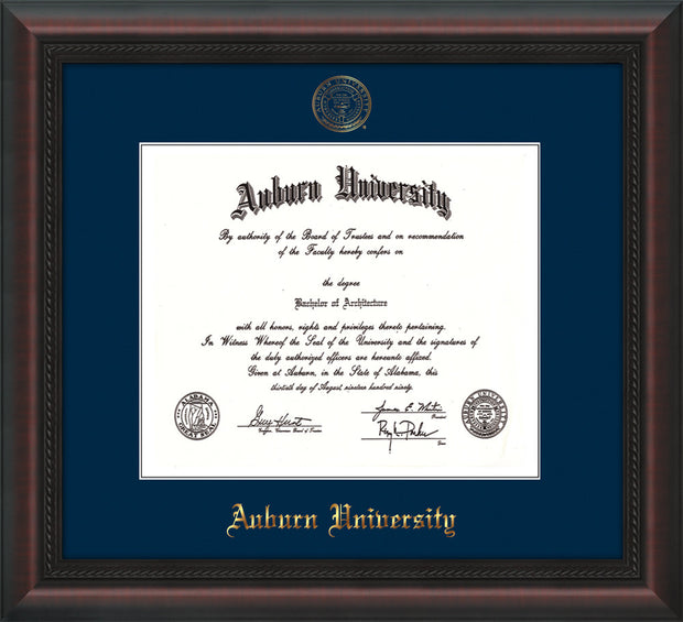 Image of Auburn University Diploma Frame - Mahogany Braid - w/Embossed Seal & Name - Single Navy Mat