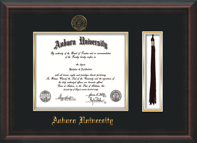 Image of Auburn University Diploma Frame - Mahogany Braid - w/Embossed Seal & Name - Tassel Holder - Black on Gold mat