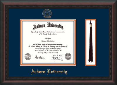 Image of Auburn University Diploma Frame - Mahogany Braid - w/Embossed Seal & Name - Tassel Holder - Navy on Orange mat