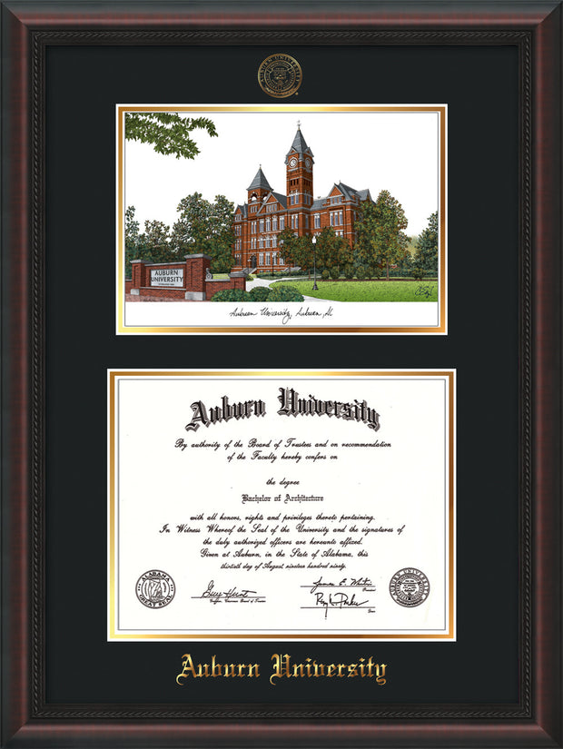 Image of Auburn University Diploma Frame - Mahogany Braid - w/Embossed Seal & Name - Campus Watercolor - Black on Gold mat