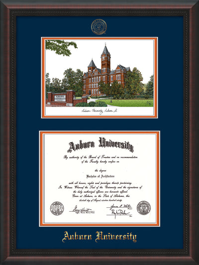 Image of Auburn University Diploma Frame - Mahogany Braid - w/Embossed Seal & Name - Campus Watercolor - Navy on Orange mat
