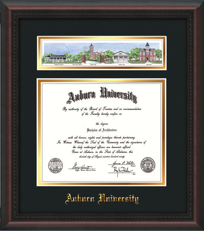Image of Auburn University Diploma Frame - Mahogany Braid - w/Embossed School Name Only - Campus Collage - Black on Gold mat