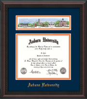 Image of Auburn University Diploma Frame - Mahogany Braid - w/Embossed School Name Only - Campus Collage - Navy on Orange mat
