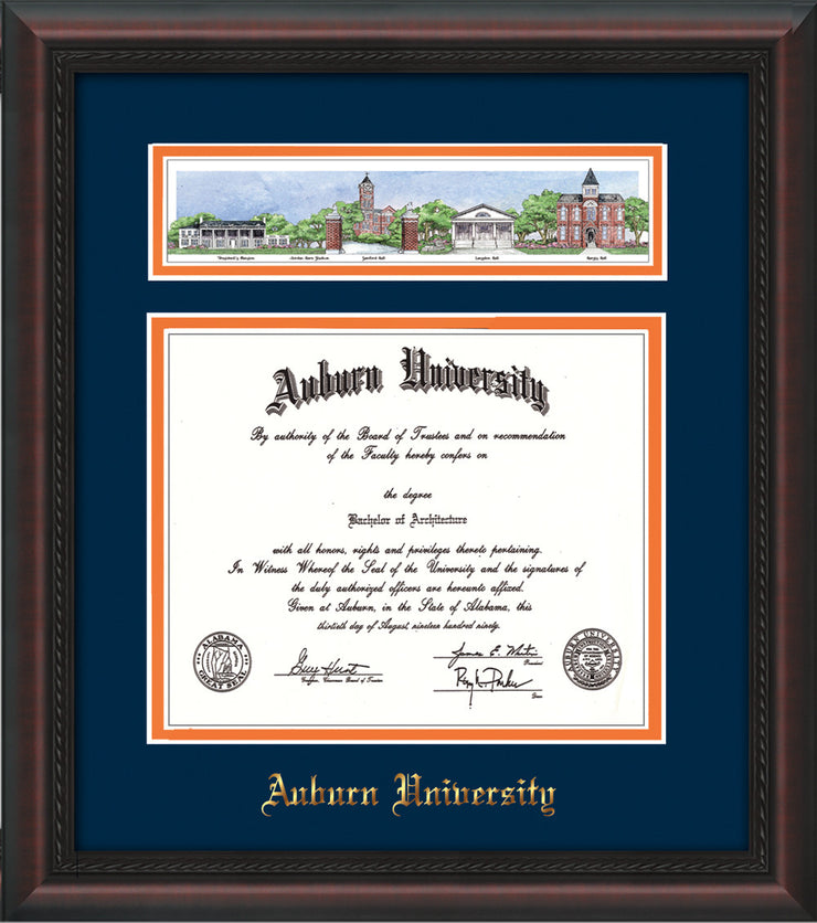 Image of Auburn University Diploma Frame - Mahogany Braid - w/Embossed School Name Only - Campus Collage - Navy on Orange mat