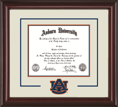 Image of Auburn University Diploma Frame - Mahogany Lacquer - w/Laser AU Logo Cutout - Cream on Navy on Orange mat