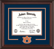 Image of Auburn University Diploma Frame - Mahogany Lacquer - w/Laser AU Logo Cutout - Navy on Orange mat