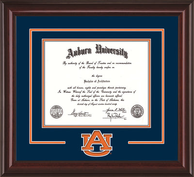 Image of Auburn University Diploma Frame - Mahogany Lacquer - w/Laser AU Logo Cutout - Navy on Orange mat