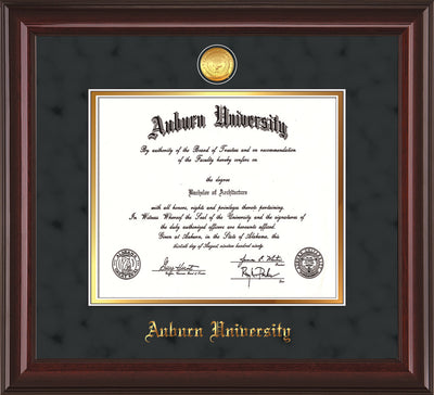 Image of Auburn University Diploma Frame - Mahogany Lacquer - w/24k Gold-plated Medallion - Black Suede on Gold mat