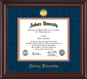 Image of Auburn University Diploma Frame - Mahogany Lacquer - w/24k Gold-plated Medallion - Navy Suede on Orange mat