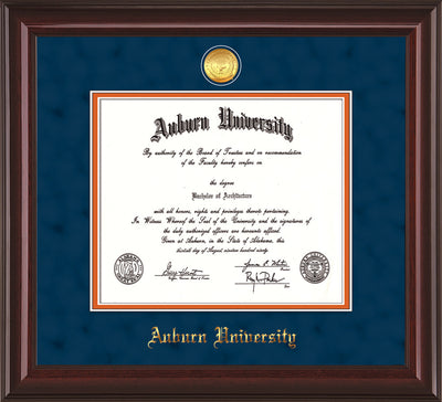 Image of Auburn University Diploma Frame - Mahogany Lacquer - w/24k Gold-plated Medallion - Navy Suede on Orange mat