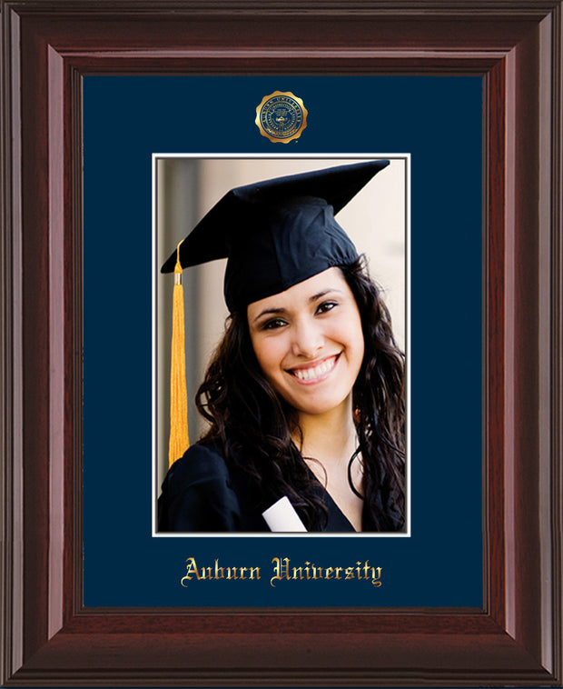 Image of Auburn University 5 x 7 Photo Frame  - Mahogany Lacquer - w/Official Embossing of AU Seal & Name - Single Navy mat