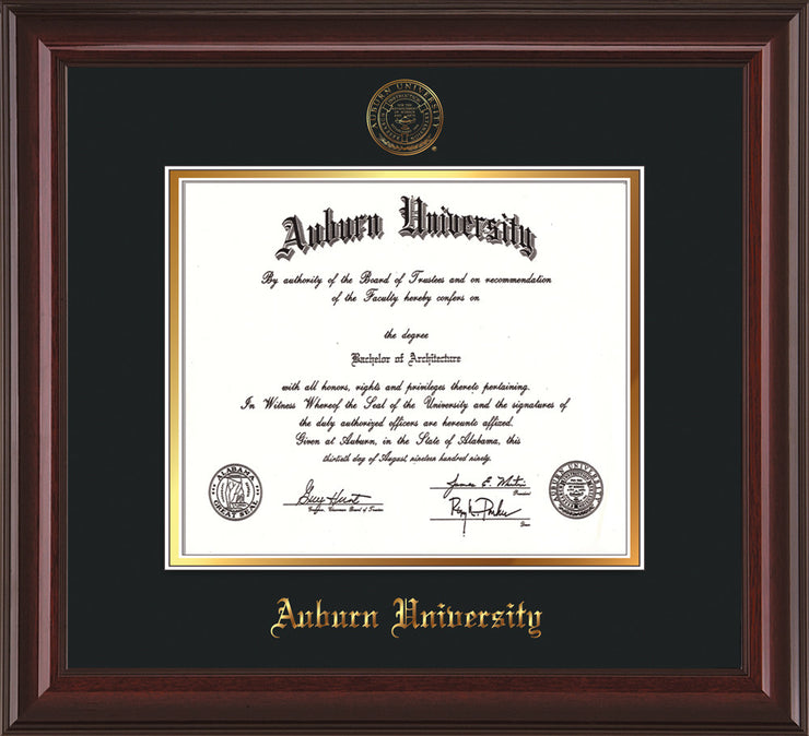 Image of Auburn University Diploma Frame - Mahogany Lacquer - w/Embossed Seal & Name - Black on Gold mat