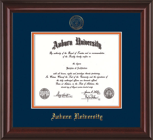 Image of Auburn University Diploma Frame - Mahogany Lacquer - w/Embossed Seal & Name - Navy on Orange mat