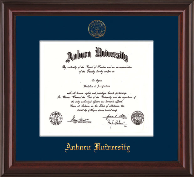 Image of Auburn University Diploma Frame - Mahogany Lacquer - w/Embossed Seal & Name - Single Navy Mat