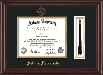 Image of Auburn University Diploma Frame - Mahogany Lacquer - w/Embossed Seal & Name - Tassel Holder - Black on Gold mat