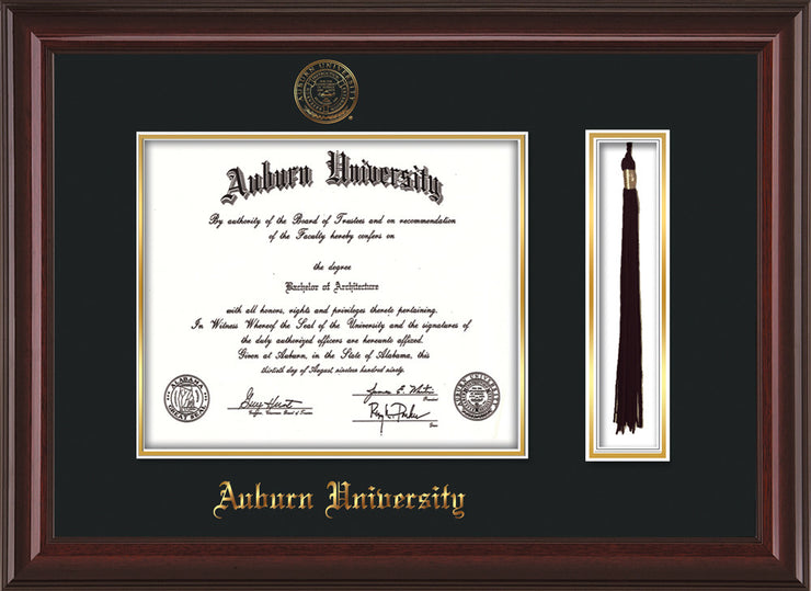 Image of Auburn University Diploma Frame - Mahogany Lacquer - w/Embossed Seal & Name - Tassel Holder - Black on Gold mat