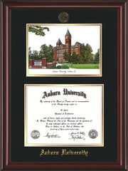 Image of Auburn University Diploma Frame - Mahogany Lacquer - w/Embossed Seal & Name - Campus Watercolor - Black on Gold mat