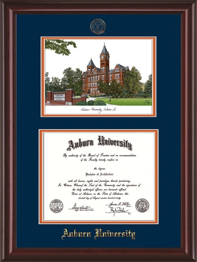 Image of Auburn University Diploma Frame - Mahogany Lacquer - w/Embossed Seal & Name - Campus Watercolor - Navy on Orange mat