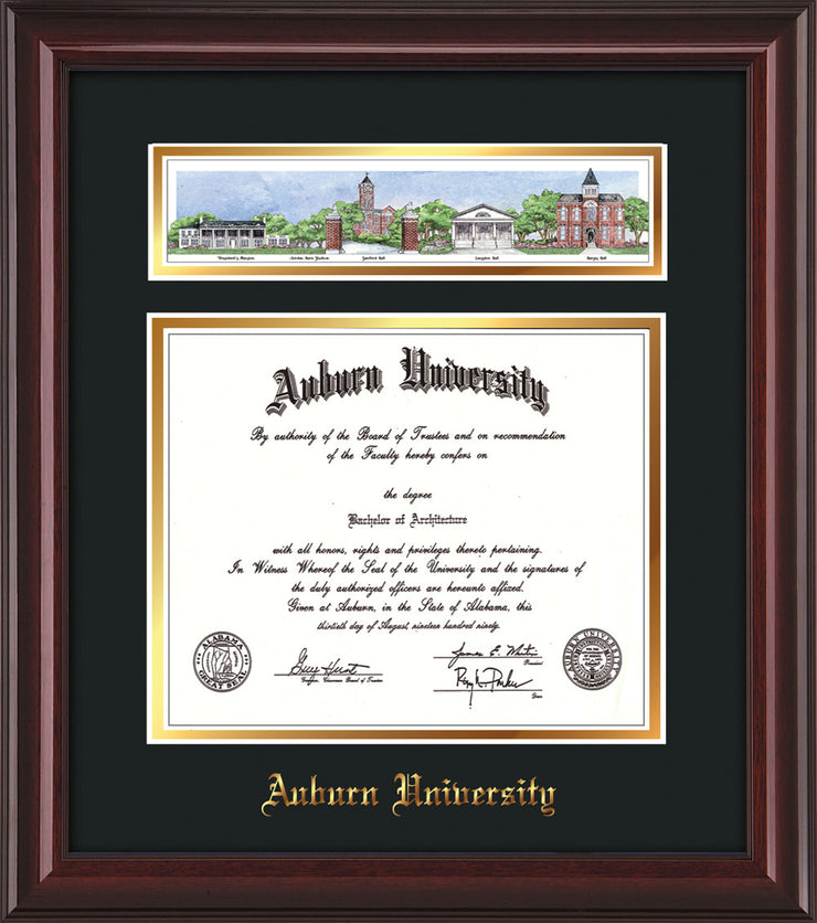 Image of Auburn University Diploma Frame - Mahogany Lacquer - w/Embossed School Name Only - Campus Collage - Black on Gold mat